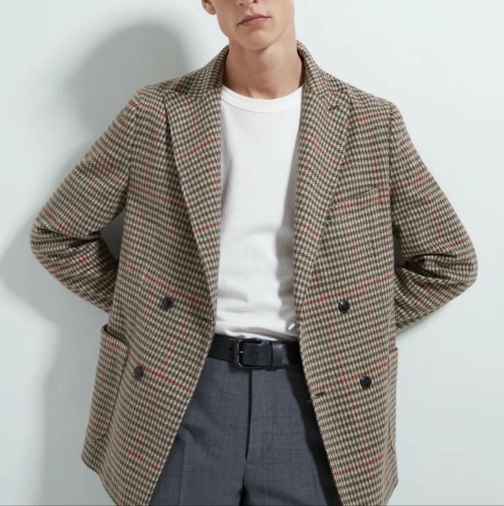 Zara Houndstooth Double-Breasted Blazer - tan and rust (36R)